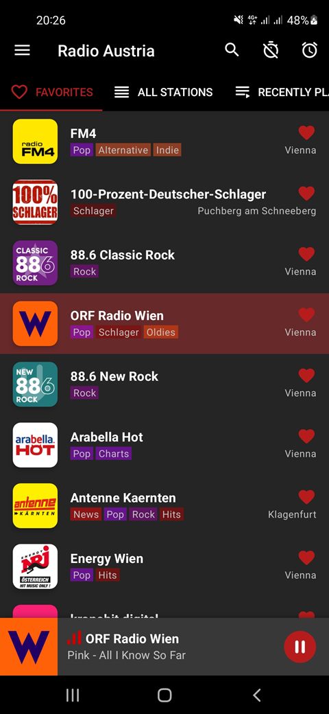 Favourites list with Austrian radio stations