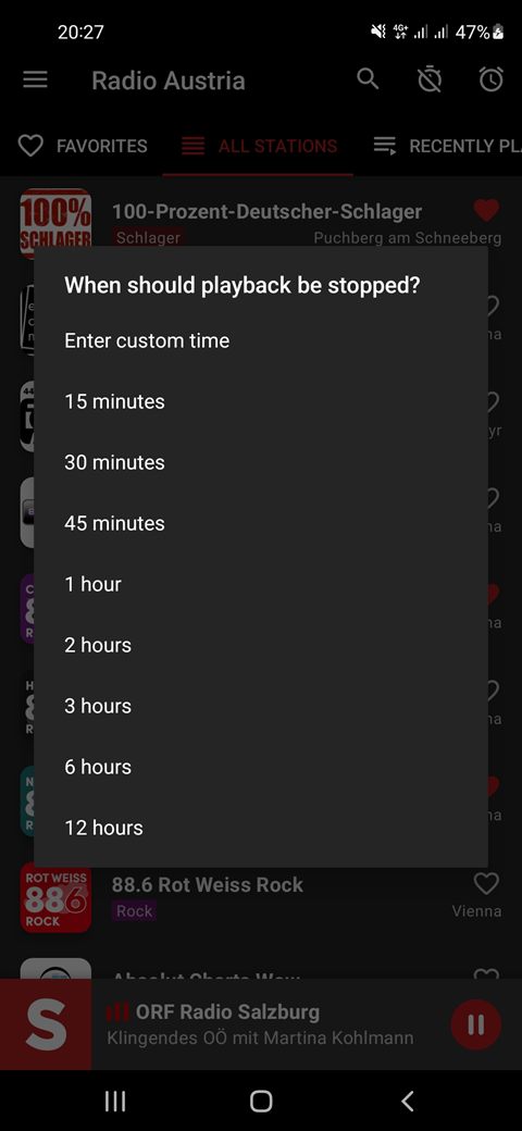 Sleep timer in the app: playback stops automatically